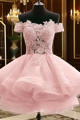 Custom Made Off Shoulder Pink Lace Short Formal Prom Dresses, Pink Lace Bridesmaid Dresses, Homecoming Dresses